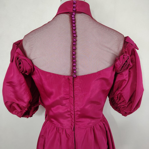 Vintage 70s Women's Hot Pink Victorian Puff Sleeve Prom Dress Downtown Abbey - Picture 7 of 11